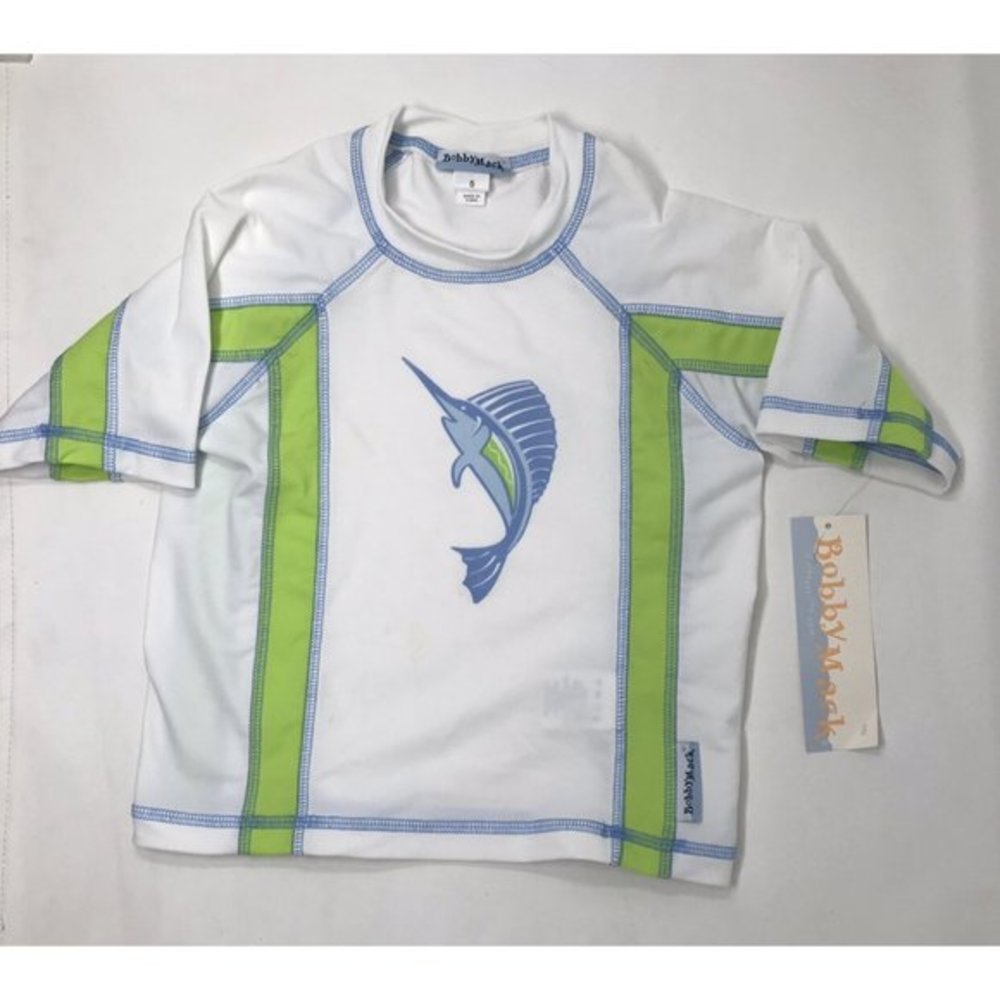 Bobby Mack Boys White, Blue, Green Short-Sleeve Rashguard Marlin Fish Print